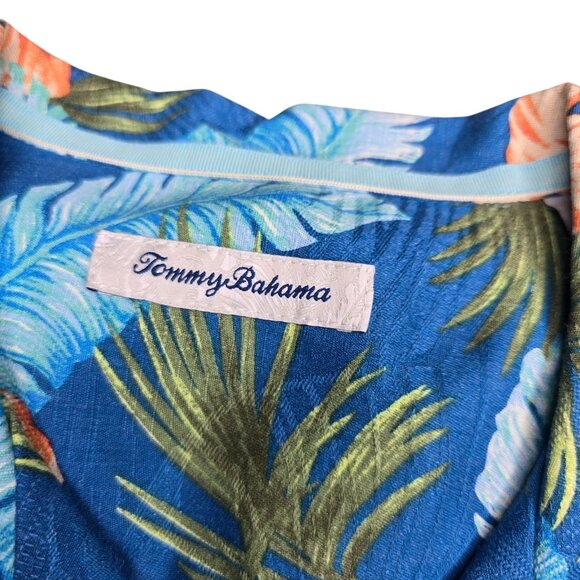 Tommy Bahama silk Mens Hawaiian Floral Short Sleeve Shirt L/ G Blue Orange Cotto - Picture 3 of 10